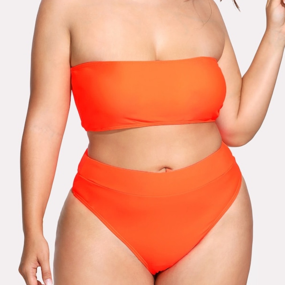 Neon orange bandeau high waist bikini